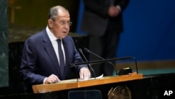 Ngoại trưởng Nga Sergey Lavrov phát biểu tại phiên họp thứ 78 của Đại hội đồng Liên Hợp Quốc tại trụ sở Liên Hợp Quốc ở New York, Mỹ, ngày 23 tháng 9 năm 2023.