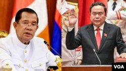 Chủ tịch Thượng viện Campuchia - cựu Thủ tướng Hun Sen (trái) chúc mứng tân Chủ tịch Quốc hội Việt Nam Trần Thanh Mẫn (phải) vào ngày 21/5/2024.