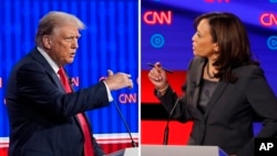 Hình ghép hai ứng cử viên tổng thống, Donald Trump (trái, chụp ngày 27 tháng Sáu, 2024 tại Atlanta) và Kamala Harris (chụp ngày 31 tháng Bảy, 2019 tại Detroit).