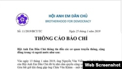 Thông cáo của Hội Anh Em Dân chủ việc ông Nguyễn Văn Viễn bị bắt.