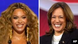 Foto konbinezon: Beyonce nan seremoni remiz pri Grammy yo nan Los Angeles, epi kandida prezidansyel Demokrat la, Vis Prezidan Etazini Kamala Harris. 