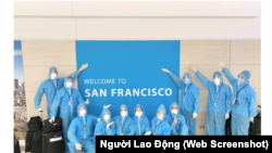 Phi hành đoàn của Vietnam Airlines tới San Francisco để đưa công dân Việt Nam về nước trong chuyến bay thứ 3 hồi người người Việt từ Mỹ. (Ảnh chụp màn hình Người Lao Động)