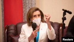 U.S. House Speaker Nancy Pelosi attends a meeting with Legislative Yuan Vice President Tsai Chi-chang