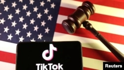 Illustration shows U.S., Chinese flags, TikTok logo and gavel