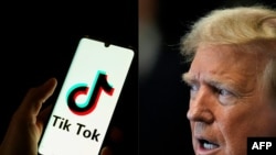 (COMBO) This combination of pictures created on June 2, 2024 shows a man holding a smartphone displaying the logo of Chinese social media platform Tiktok in an office in Paris on April 19, 2024 and former US President and Republican presidential candidate