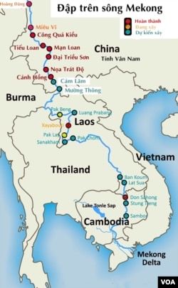 Những con đập thuỷ điện trên dòng chính Sông Mekong: chỉ với 11 con đập trên Sông Lancang-Mekong thượng nguồn, TQ đã lưu trữ 40 tỉ mét khối nước, sản xuất 21,300 MW điện; riêng Lào đang hiện thực giấc mơ trở thành “Bình điện Á Châu / Asia’s Battery” hay “xứ Kuwait Thủy điện Đông Nam Á”, Lào cũng lưu trữ 30 tỉ mét khối nước hàng năm. [nguồn: Michael Buckley, cập nhật 2019]