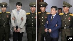 Sinh viên Mỹ Otto Warmbier (trái) bị đưa ra tòa án ở Triều Tiên ngày 16/3/2016, và ông Kim Dong Chul ngày 29/4/2016.