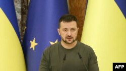 Ukrainian President Volodymyr Zelensky speaks during a joint press conference with European Commission President in Kyiv, on September 20, 2024, amid the Russian invasion in Ukraine.