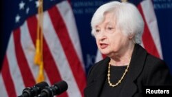 Bộ trưởng Tài chính Mỹ Janet Yellen phát biểu tại Viện Johns Hopkins ở Washington (ảnh tư liệu).