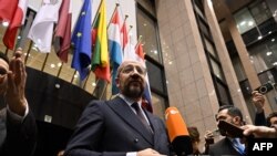 Chủ tịch Hội đồng Châu Âu Charles Michel phát biểu tại Đại sảnh của Hội đồng Châu Âu ở Brussels, ngày 14/12/2023.