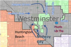 Midway City bị xé lẻ, bao bọc hầu hết bởi Westminster với một cạnh ngắn giáp ranh Huntington Beach. (Hình: Vũ Quí Hạo Nhiên, trên nền zipmap.net)