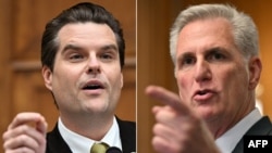 Dân biểu Matt Gaetz (trái) và dân biểu Kevin McCarthy.