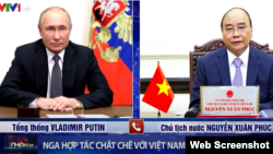 Russian President Vladimir Putin holds talks with Vietnam's State President Nguyen Xuan Phuc on September 16 2021. Photo VTV.